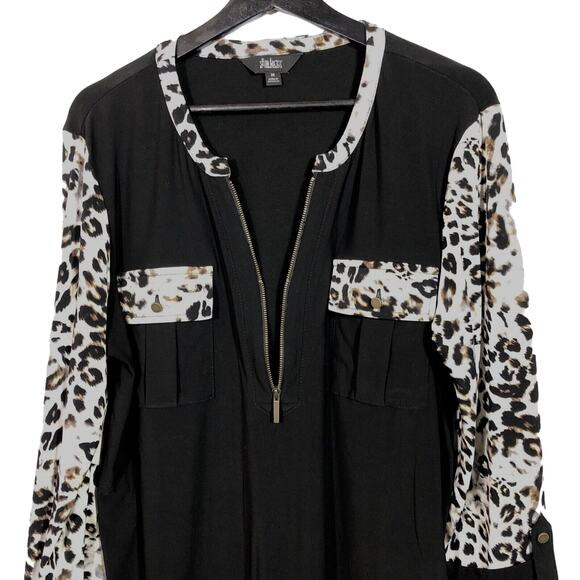 Black Tunic Top with Cheetah Print Sleeve Popover Zipper Accent M Retro Mob Wife - Picture 4 of 8